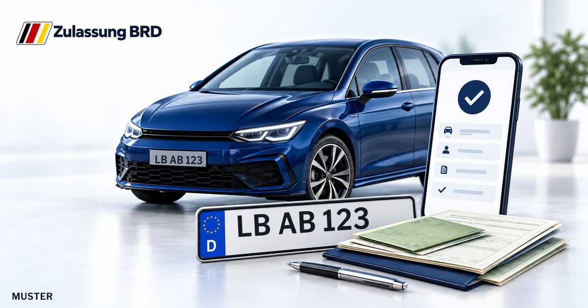 Online Fahrzeugzulassung in Ludwigsburg: Musterkennzeichen LB AB 123, Auto und Fahrzeugpapiere und Smartphone. Illustration mit Logo von Zulassung BRD.